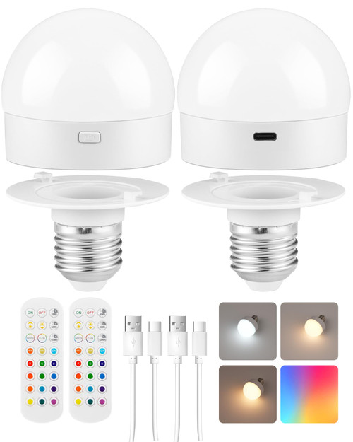 GOEBLESON Rechargeable Light Bulbs with Remote Control, Battery Operated Light Bulbs, 3 Timer 15 Colors Selectable, Dimmable Wireless RGB LED Bulb for Wall Sconce, Non-Hardwired, 2 Pack, R01YBP206