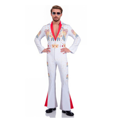 LVLING Mens 70s Aloha Elvis Costume Vegas Rock Star Jumpsuit (White, Medium)