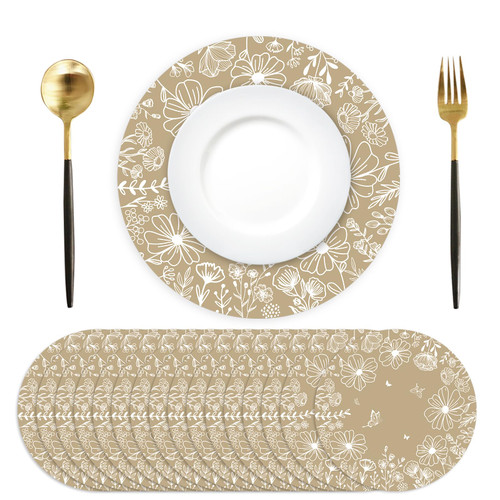 Paper Placemats Disposable 50 Pack Beige Bloom Flowers Place Mats 13.4 Inch Round Spring Floral Table Mats for Dinner Table Setting Birthday Wedding Spring Party Supplies