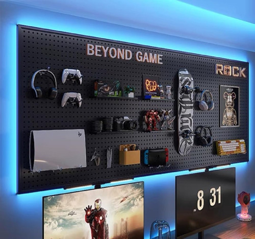 Qustikuri Peg Board with RGB+IC LED Strip Lights,2PCS Metal Pegboard Panels,Heavy Duty Pegboard Gaming Room Wall Organizer with Hooks,DIY RGB Gaming Setup Organizer Peg Board Wall Mounted 12 * 24”