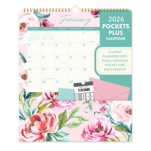 Orange Circle Studio Pockets Plus Wall Calendar 2026, Bella Flora, Large Monthly Planner, Hanging Organizer, Aesthetic for Home Office, Classroom, School, Family Calendar, Easy Planning & Organizing