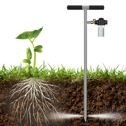 Deep Root Watering Tool, 32 Inch Stainless Steel Tree Watering Spike Tool, Root Feeder with Fertilizer Bottle for Trees Irrigation System for Outdoor Garden Plant Shrubs with Brass Valve T-Handle