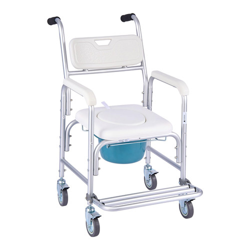VEVOR Bedside Commode Chair with Wheels, 350 lbs Capacity, 4-in-1 Portable Toilet and Raised Toilet Seat with Padded Seat/Backrest/Flip-up Footrest, Detachable 5L Bucket, Shower Wheelchair for Seniors