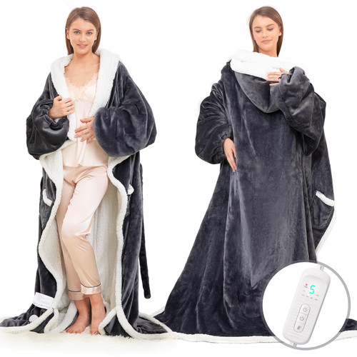 Wearable Heated Blanket with Foot Pocket, Electric Wearable Throw Blanket with Sleeves, Hood, Portable Heated Blanket with 8 Heat Levels, 1-10H Auto-off Settings, Gift for Family, Friends, 50*83"