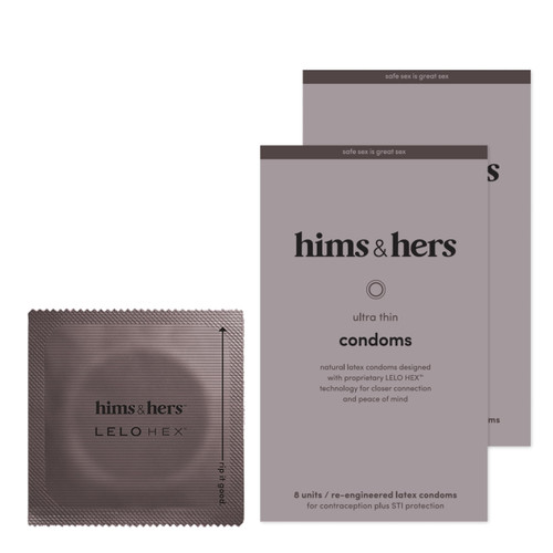 hims & hers Ultra-Thin Condoms for Maximum Sensitivity - Unique Hexagon Shape for a Stronger and Barely-There Feeling - Lightly Lubricated Natural Latex Condoms - 2 Pack, 16 Count