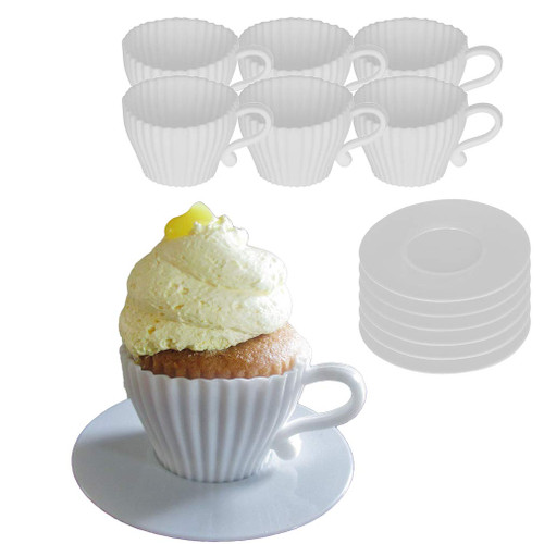 Evelots Baking Cupcake Molds - Silicone Teacup Set - 12 Pc Set - Oven-Safe - Nonstick - Muffin Cups for Bridal/Baby Shower, Birthday/Tea Party - 6 Cups & 6 Saucers - BPA Free