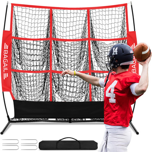 BAGAIL Football Throwing Net - 9 Target Pockets, Easy Setup, Heavy-Duty - Portable QB Accuracy Trainer, Fun Target Practice Net for Football with Carry Bag - 5x5FT, Red