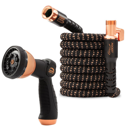 Pocket Hose Copper Bullet Deluxe Expandable Garden Hose 25 FT w/10 Pattern Thumb Spray Nozzle AS SEEN ON TV 650psi 3/4 in. Lead-Free Ultra-Lightweight Solid Copper Anodized Aluminum Fittings No-Kink