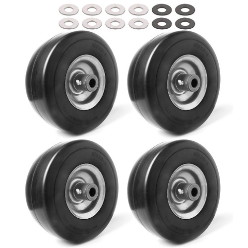 (4-Pack) 9x3.50-4” Flat Free Lawnmower Tire with 4" Centered Hub, 3/4" Bushings and Wheel Assemblies - PU Tire on Wheel and Adapter Kits