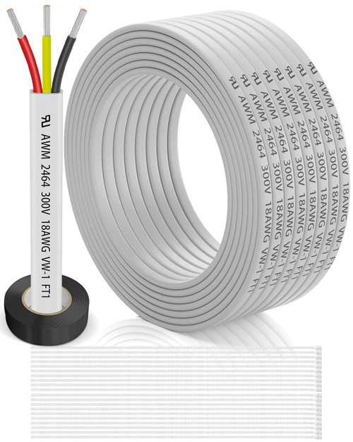 18 Gauge Wire 3 Conductor Electrical Wire 100FT, 18 AWG Flat 3 Wire Cable Tinned Copper/PVC Flexible/Stranded 18/3 Cord for Automotive, LED Lighting, 12V 24V Low Voltage Cable, Marine etc.