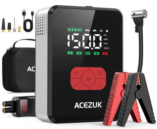 Jump Starter with Air Compressor, 8000A 150PSI Portable Car Jump Starter, 12V Jump Start Pack (All Gas/12L Diesel),Portable Car Jump Starter with Smart Jump Cables, LED Lights