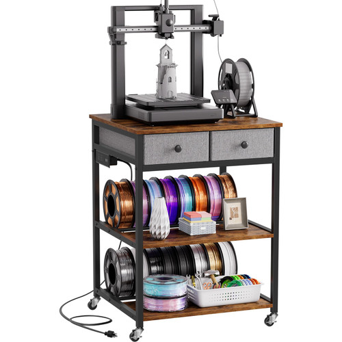 Portin 3D Printer Stand with Power Outlet & Drawers - Heavy Duty Filament Storage Rack with Locking Wheels, 3-Tier 3D Printer Table for PLA/ABS Spools, Tools & Models - for Home, Office, Studio