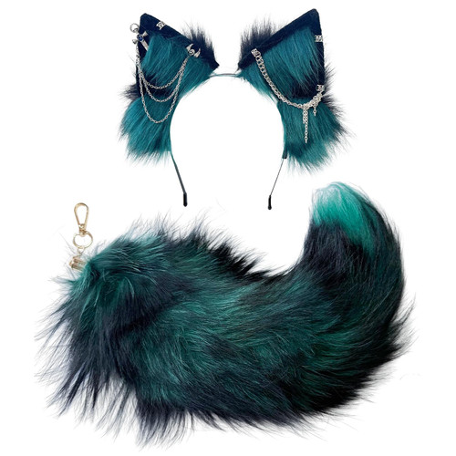 Cat Fox Wolf Ears and Tail Set - Plush Cosplay Clips Headband and Tail for Halloween, Costume Accessories,Animal Fluffy Gothic Punk Party BLGR Sword BLGR