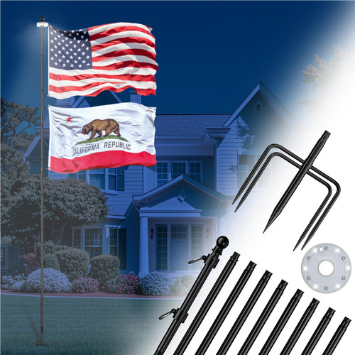 ZMTECH 12 FT Heavy Duty Flag Pole with Solar Light & 5 Pronges Base in Ground for Yard, Tangle Free Spinning Stainless Steel,Windproof, Fit for 2 Flags |Outside House Residential |Commercial 1 Pack