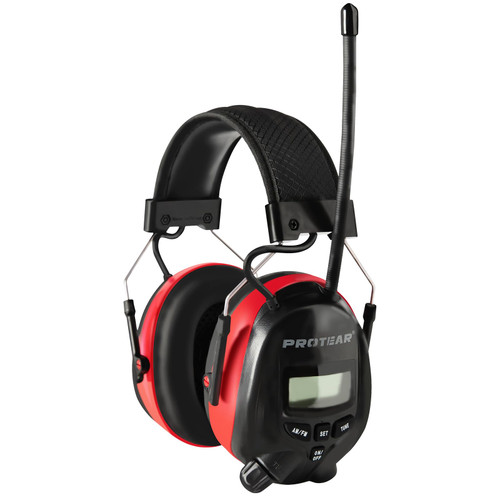 PROTEAR Digital AM FM Radio Headphones, Ear Protection Noise Reduction Earmuffs, 25dB NRR Hearing Protectors for Lawn Mowing and Landscaping(Red)