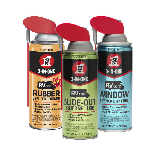 3-IN-ONE RV Care Trio Pack Includes Slide Out Lube 11 oz, Window & Track Lube 10 oz and Rubber Seal Conditioner 11oz.