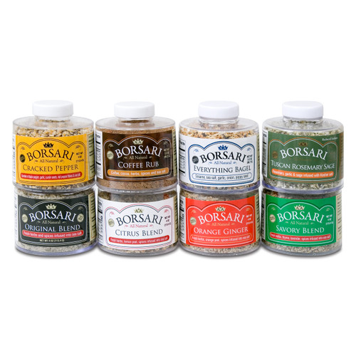Borsari Seasoning Gift Set - 8 Flavor Variety Pack - Original, Citrus, Orange Ginger, Cracked Pepper, Coffee, Everything Bagel, Savory, Tuscan Rosemary Sage - Gluten Free Gourmet Seasonings