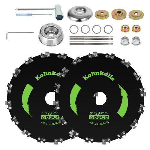 Kohnkdllc 2 Pack 9“ x 20T Carbon Steel Chainsaw Brush Cutter Blade for Weedeater +4 Round Files + 2 Set Adapter Kits for Cutter, Trimmer, Weed Eater