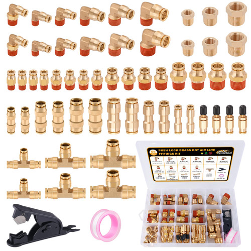 CheeMuii 58 Pcs Brass DOT Air Line Fittings Kit Push Lock DOT Air Fittings Push to Connect Fittings NPT Thread & Quick Connect Air Hose Fittings for Air Line Air Hose Pneumatic Tubing