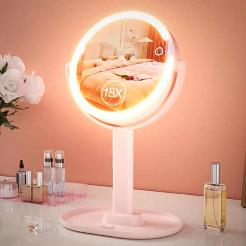 15X Magnifying Makeup Mirror with Lights, Double Sided 360° Rotation Vanity Desk Mirror with Magnification Rechargeable 3 Color Lights and Adjustable Brightness Stand for Dressing Table,Bedroom
