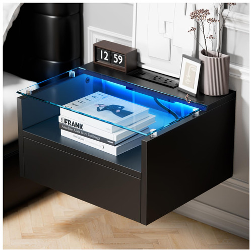 Floating Nightstand Set of 2 with Charging Station, 18.9" Extended Bedside End Table with Drawer and LED, Modern Wall Mounted Night Stand Side Table with Open Shelf for Bedroom,Living Room