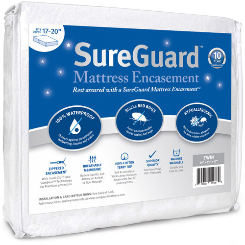 Twin (17-20 in. Deep) SureGuard Mattress Encasement - 100% Waterproof, Bed Bug Proof, Hypoallergenic - Premium Zippered Six-Sided Cover