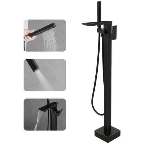RUMOSE Oil Rubbed Bronze Bathtub Filler Freestanding Tub Filler Floor Mount Tub Faucet Waterfall Bathtub Faucet with CUPC Certified High Flow Brass Bath Shower Faucets with Handheld Sprayer