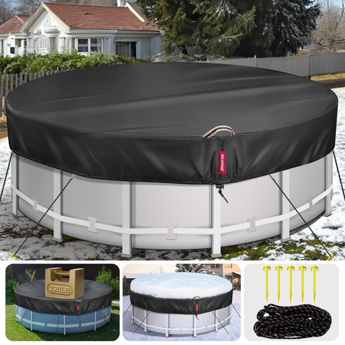 QH.HOME 18 Ft Round Winter Pool Covers for Above Ground Pools - [634N Strong Tear Resistant & 500D Upgrade Extra Dense Fabric] Solar Swimming Pool Cover with Fade Resistant, Windproof - Black