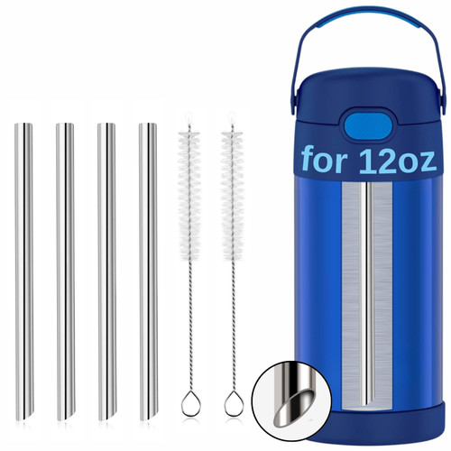 Short Metal Straws for THERMOS FUNTAINER Kids 12OZ, Reusable Stainless Steel Replacement Straws, Compatible with Cocktails, Small Glasses or Cups (4 Pcs + 2 Pcs Cleaning Brush)