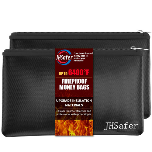 6400℉ Fireproof and Waterproof Money Bags 2pcs with Zipper,11''x6.3'' Fireproof Cash Bag with Zipper,Fireproof Wallet Envelope Safe Pouch Fireproof Bags for Cash Passports Keys Jewellery(Black)