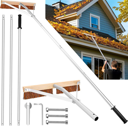 Leaf Roof Brush and Roof Rake, 21 Ft Adjustable Length Roof Cleaning Tool, Remove Roof Leaves Safely, with Natural Brush Head, Lightweight, Easy to Use & Store
