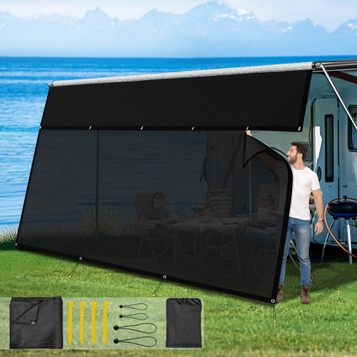 Glamful RV Awning Sun Shade Screen with Zipper 6' X 15'3",600D Oxford Cloth + Vinyl Mesh,Sunscreen Shade Complete Kits for Camper Trailer Awning,Black