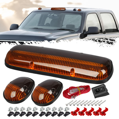 Partsam 3PCS Amber Cab Marker Roof Running Light Cover + Base w/Wire Harness Compatible with Silverado/Sierra 1500 1500HD 2500 2500HD 3500 2002 2003 2004 2005 2006 2007 Pickup Trucks