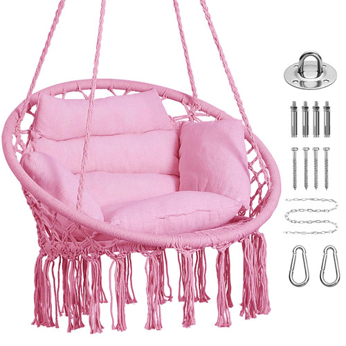 Goutime Hammock Chair, Macrame Hanging Swing Chairs with Cushion and Hardware Kit,Adult Boho Swings for Outside,Patio,Balcony,Bedroom (Pink)