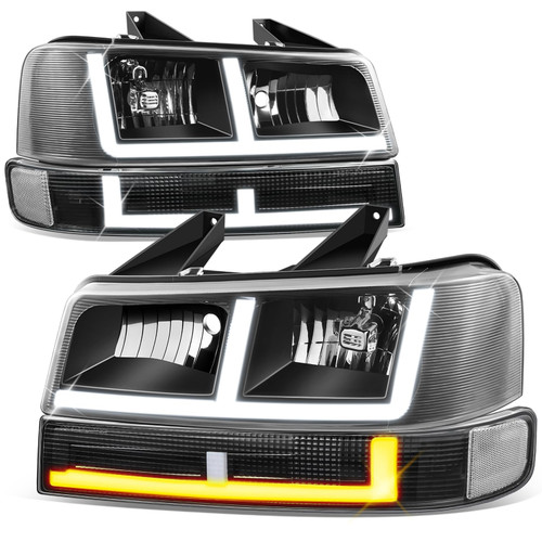 Auto Dynasty Pair of Headlights Assembly and Bumper Lamps Compatible with 2003-2024 Chevy Express GMC Savana 1500-4500, with Switchback F-LED DRL Running lights, Black Housing