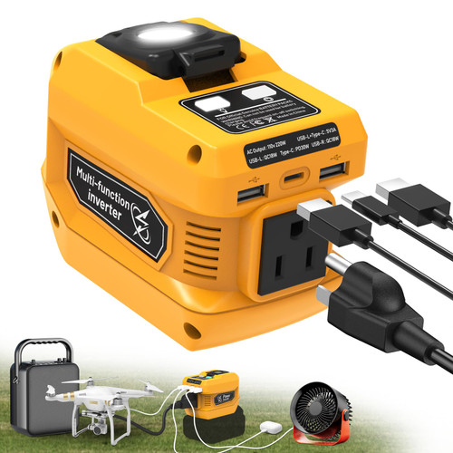 220W Power Inverter for Dewalt 20V Battery, DC 20V to AC 110V Battery Inverter, Portable Power Station Generator with 1 AC Outlet, 2 USB Ports & 1 Type-C Fast Charging, 400LM LED Work Light