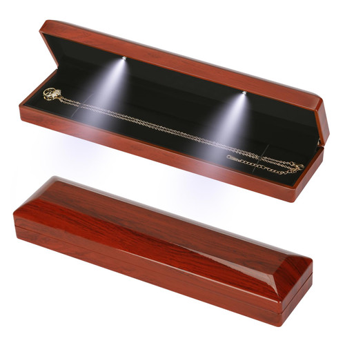 KUKUVR Wooden Necklace Bracelet Box with LED Light, Velvet Lining Bracelet Pendant Long Chain Organizer Holder Display Case for Wedding Christmas Engagement Birthday Anniversary (Style 5)