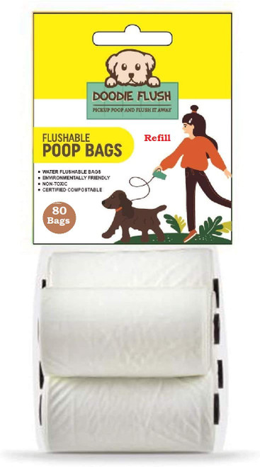 Doodie Flush Dog Poop Bag - Refill – 80 Biodegradable Dog Waste Bags on Rolls - Dissolves in Water Refill Pack – 100% Eco Friendly, Flushable, Ultra Thick, Compostable Doggie Bags