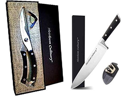 HEAVY DUTY KITCHEN SHEARS and KNIFE for Poultry, Chicken, Meat, Lobster, BBQ, Bones, Fish, Professional Chef Scissor, CHEF APPROVED (brown)