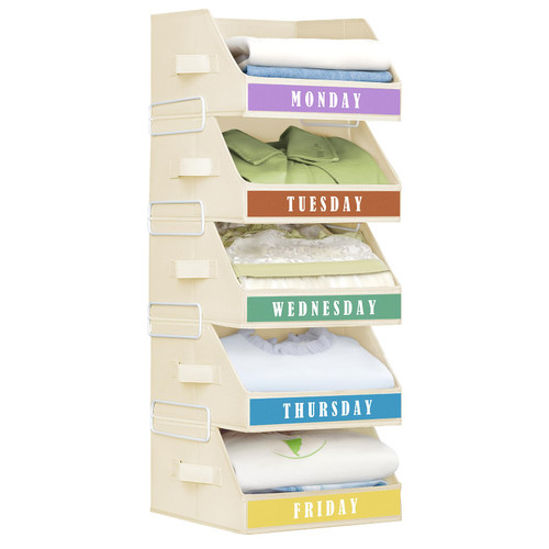 Homsorout Closet Organizers and Storage - 5 Tier Shelf Organizer wiht Weekly Labels, Stackable Storage Bins with Metal Frame, Foldable Cube Bins, Home Baskets for Kids and Adults, Beige