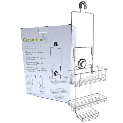 Gecko-Loc SHS-015EXT Extra Long Adjustable Hanging Shower Caddy, Over-the-Showerhead Organizer for Shampoo, Soap, Razors, Rustproof Stainless Steel, Silver