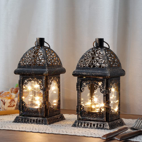 TRIROCKS Vintage Style Decorative Lantern - 8'' H Battery Operated Metal Lantern with LED Fairy Lights - Perfect for Living Room Events Indoors (Black with Gold Brush)