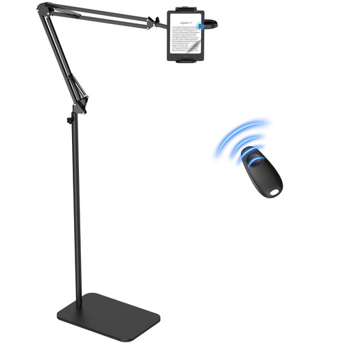 Floor Tablet Holder for Kindle with Remote Page Turner, Kindle Stand for Reading in Bed on Paperwhite Colorsoft Scribe E-reader, Lazy Arm Phone Mount for E-book Reading with Clicker Accessories