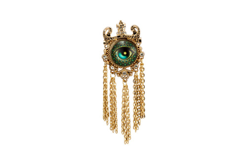 Knighthood Brooch Pin Gold Crowned Green Evil Eye with Hanging Chain Brooch Suit Stud Lapel Pin