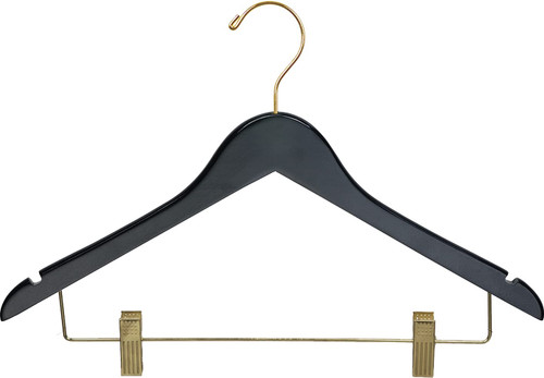 Quality Wooden Skirt Hangers 25 Pack, Solid Wood Pants Hanger with Adjustable Clips, Semi-Gloss Black Finish