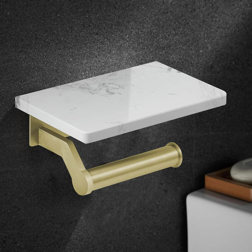 Hoimpro Brushed Gold Aluminum Toilet Paper Holder with White Natural Marble Shelf, Wall Mounted Tissue Hand Paper Roll Storage Holder for Bathroom Kitchen Washroom Bedroom