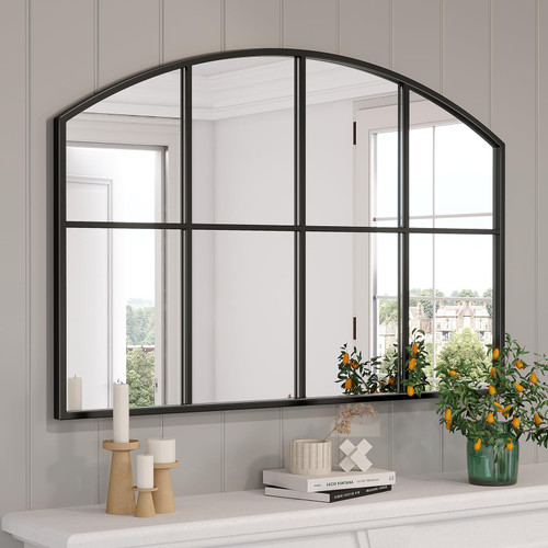 Brauthon Wide Window Pane Mirror, 42" x 28" Black Arched Mirrors for Wall, Grid Wall Mirror Decorative Large Mirrors for Living Room Bedroom Farmhouse Fireplace Hallway Entryway