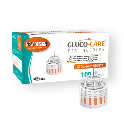 GLUCO-CARE Plus Pen Tips 32G x 5/32’’ (4mm), Universal Fit, Optimal Skin-Contact Base for Comfort, Sterile, 100/bx