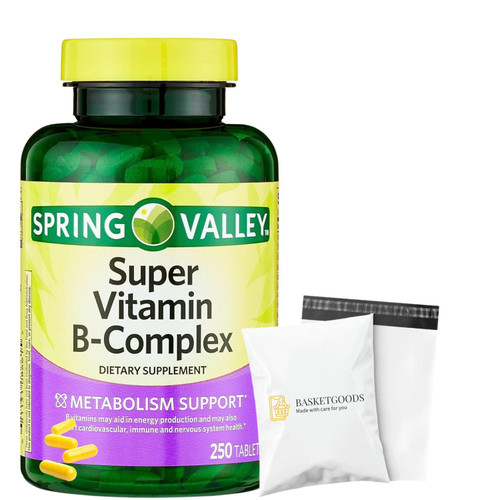 Super Vitamin B Complex Spring Valley- Tablets 250 Count Blend of B6 B12 C thiamine biotin folate pantothenic Acid and riboflavin, Set with Basket Goods Store Polybag (1)
