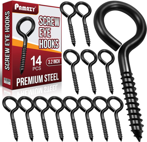 14PCS Black Screw Eyes - 3.2 Inch Heavy Duty Eye Bolts, Cable & Wire Securer - Hammock Stand, Indoor & Outdoor Use